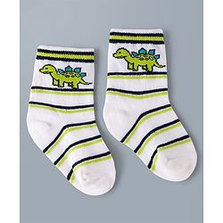 Cute Walk by Babyhug Knit Ankle Length Antibacterial Socks with Stripes & Dino Design Pack of 3 - White