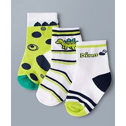 Cute Walk by Babyhug Knit Ankle Length Antibacterial Socks with Stripes & Dino Design Pack of 3 - White