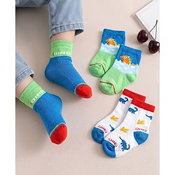 Cute Walk by Babyhug Anti-Bacterial Ankle Length Sock With Dino Design Pack of 3 - White