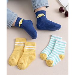 Cute Walk by Babyhug Anti-Bacterial Ankle Length Striped Sock With Vehicle Design Pack of 3 - Yellow Blue & White