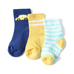 Cute Walk by Babyhug Anti-Bacterial Ankle Length Striped Sock With Vehicle Design Pack of 3 - Yellow Blue & White