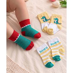 Cutewalk by Babyhug Anti-Bacterial Ankle Length Striped Socks With Dino Design Pack Of 3 - White
