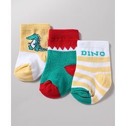 Cutewalk by Babyhug Anti-Bacterial Ankle Length Striped Socks With Dino Design Pack Of 3 - White