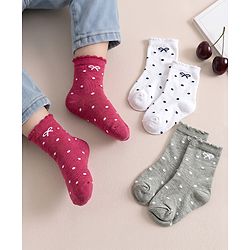 Cute Walk by Babyhug Knit Ankle Length Antibacterial Socks With Bow & Polka Dot Design Pack Of 3 - Dark Pink White & Grey