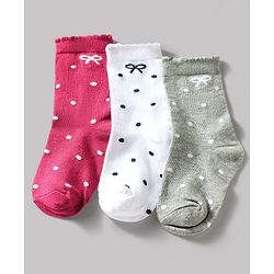 Cute Walk by Babyhug Knit Ankle Length Antibacterial Socks With Bow & Polka Dot Design Pack Of 3 - Dark Pink White & Grey