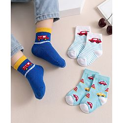 Cute Walk by Babyhug Knit Ankle Length Antibacterial Socks with Stripes & Car Design Pack of 3 - Blue