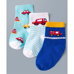 Cute Walk by Babyhug Knit Ankle Length Antibacterial Socks with Stripes & Car Design Pack of 3 - Blue