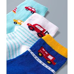 Cute Walk by Babyhug Knit Ankle Length Antibacterial Socks with Stripes & Car Design Pack of 3 - Blue