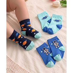 Cute Walk by Babyhug Knit Ankle Length Antibacterial Socks With Space Theme Design Pack Of 3 -Blue