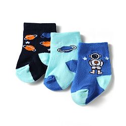 Cute Walk by Babyhug Knit Ankle Length Antibacterial Socks With Space Theme Design Pack Of 3 -Blue