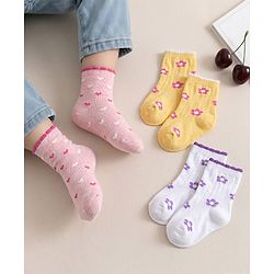 Cute Walk by Babyhug Knit Ankle Length Antibacterial Socks with Floral Design - Pink & Yellow