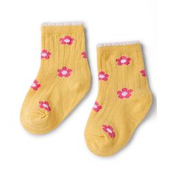 Cute Walk by Babyhug Knit Ankle Length Antibacterial Socks with Floral Design - Pink & Yellow