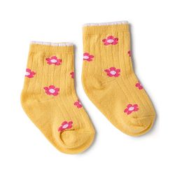 Cute Walk by Babyhug Knit Ankle Length Antibacterial Socks with Floral Design - Pink & Yellow