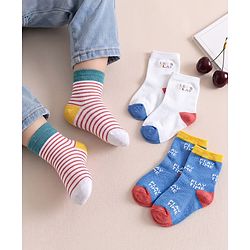 Cute Walk by Babyhug Knit Ankle Length Antibacterial Socks With Striped & Text Design Pack Of 3 - Blue & White
