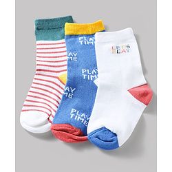 Cute Walk by Babyhug Knit Ankle Length Antibacterial Socks With Striped & Text Design Pack Of 3 - Blue & White