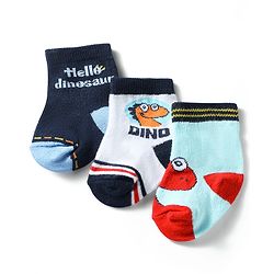 Cute Walk by Babyhug Knit Ankle Length Antibacterial Socks with Dino Design Pack of 3 - Navy & White