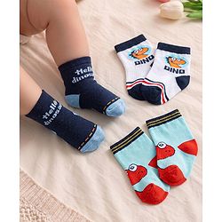 Cute Walk by Babyhug Knit Ankle Length Antibacterial Socks with Dino Design Pack of 3 - Navy & White