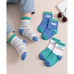 Cute Walk by Babyhug Knit Ankle Length Antibacterial Socks With Striped & Text Design Pack Of 3 - Blue & White