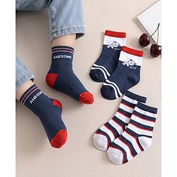 Cute Walk by Babyhug Knit Ankle Length Antibacterial Socks With Striped & Bear Design Pack Of 3 - Navy & White