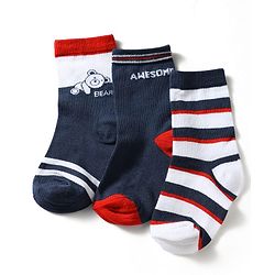 Cute Walk by Babyhug Knit Ankle Length Antibacterial Socks With Striped & Bear Design Pack Of 3 - Navy & White