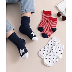 Cute Walk by Babyhug Knit Ankle Length Antibacterial Socks With Stripes & Star Design Pack Of 3 - Navy & White