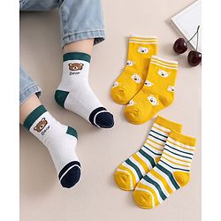 Cute Walk by Babyhug Knit Ankle Length Antibacterial Socks With Stripes & Bear Design Pack Of 3 - Navy & Yellow