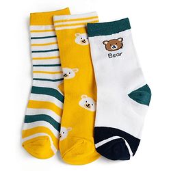 Cute Walk by Babyhug Knit Ankle Length Antibacterial Socks With Stripes & Bear Design Pack Of 3 - Navy & Yellow