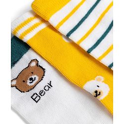 Cute Walk by Babyhug Knit Ankle Length Antibacterial Socks With Stripes & Bear Design Pack Of 3 - Navy & Yellow