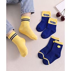 Cute Walk by Babyhug Knit Ankle Length Antibacterial Socks with Stripe & Text Design Pack of 3 - Navy & Yellow
