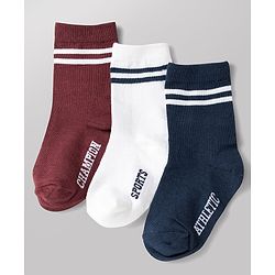 Cute Walk by Babyhug Non Terry Knit Anti-bacterial Ankle Length Striped Socks With Text Design Pack of 3 - Black, White & Maroon
