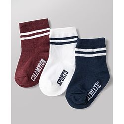 Cute Walk by Babyhug Non Terry Knit Anti-bacterial Ankle Length Striped Socks With Text Design Pack of 3 - Black, White & Maroon