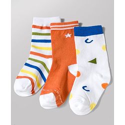 Cute Walk by Babyhug Knit Ankle Length Antibacterial Socks with Stripe & Star Design Pack of 3 - White & Orange