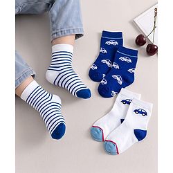 Cute Walk by Babyhug Knit Ankle Length Antibacterial Socks with Stripe & Car Design Pack of 3 - White & Blue