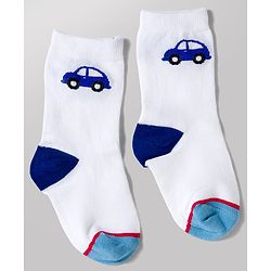 Cute Walk by Babyhug Knit Ankle Length Antibacterial Socks with Stripe & Car Design Pack of 3 - White & Blue