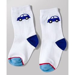 Cute Walk by Babyhug Knit Ankle Length Antibacterial Socks with Stripe & Car Design Pack of 3 - White & Blue