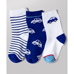 Cute Walk by Babyhug Knit Ankle Length Antibacterial Socks with Stripe & Car Design Pack of 3 - White & Blue