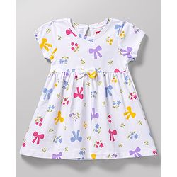 Babyhug Cotton Single Jersey Knit Half Sleeves Floral & Polka Dot  Printed Frock with Bow Applique Pack of 2 - White & Pink