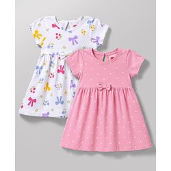 Babyhug Cotton Single Jersey Knit Half Sleeves Floral & Polka Dot  Printed Frock with Bow Applique Pack of 2 - White & Pink