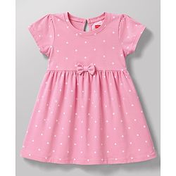 Babyhug Cotton Single Jersey Knit Half Sleeves Floral & Polka Dot  Printed Frock with Bow Applique Pack of 2 - White & Pink