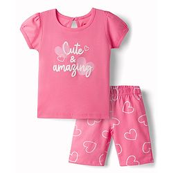 Babyhug 100% Cotton Knit Half Sleeves Text & Hearts Printed T-Shirt & Capri Night Suit - Pink