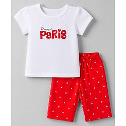 Babyhug Cotton Knit Half Sleeves  T-Shirt & Capri Night Suit With Text & Heart Print - White & Red