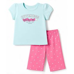 Babyhug 100% Cotton Knit Half Sleeves Top & Capri Night Suit Bow & Text Print - Blue & Pink