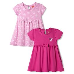 Babyhug Single Jersey Knit Half Sleeves Frocks With Heart Print & Bow Applique Pack of 2 - Pink & Light Pink