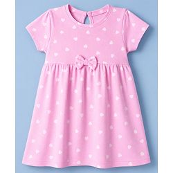 Babyhug Single Jersey Knit Half Sleeves Floral & Hearts Printed Frocks With Bow Applique Pack Of 2 - Pink & Light Green