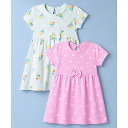 Babyhug Single Jersey Knit Half Sleeves Floral & Hearts Printed Frocks With Bow Applique Pack Of 2 - Pink & Light Green