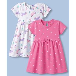 Babyhug Single Jersey Knit Half Sleeves Polka Dot & Unicorn Printed Frock With Bow Applique Pack of 2 - Pink & White
