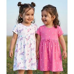 Babyhug Single Jersey Knit Half Sleeves Polka Dot & Unicorn Printed Frock With Bow Applique Pack of 2 - Pink & White