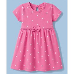 Babyhug Single Jersey Knit Half Sleeves Polka Dot & Unicorn Printed Frock With Bow Applique Pack of 2 - Pink & White