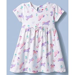 Babyhug Single Jersey Knit Half Sleeves Polka Dot & Unicorn Printed Frock With Bow Applique Pack of 2 - Pink & White