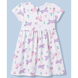 Babyhug Single Jersey Knit Half Sleeves Polka Dot & Unicorn Printed Frock With Bow Applique Pack of 2 - Pink & White